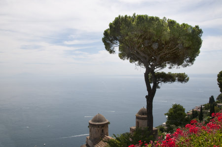 Ravello is high above the Amalfi Coast in Southern Italy. It is a beautiful hill town with fantastic views over the coastline. Wagner wrote some of his opera staying at the Villa Rufulo.Ravello festival is held on a stage over the clifftop garden の写真素材