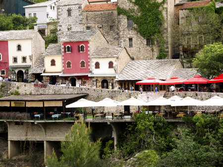 Buildings in the city of Mostar which was named after  the bridge keepers (natively: mostari) who guarded the Stari Most (Old Bridge) over Neretva river.のeditorial素材