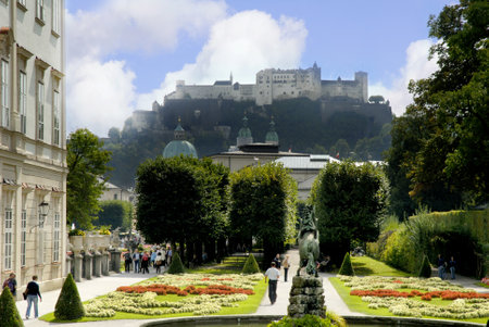 Mirabell Gardens with Hohensalzburg Fortress in background in Salzburg Austriaのeditorial素材