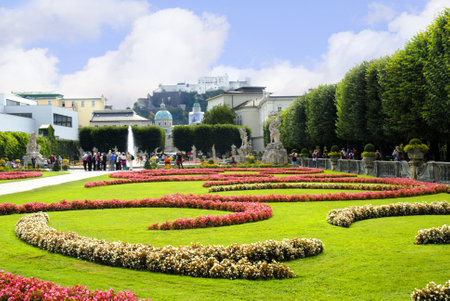Mirabell Gardens with Hohensalzburg Fortress in background in Salzburg Austriaのeditorial素材
