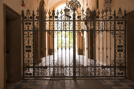 metal gates in the Beautiful Medieval City of Bologna Italy. Bologna is the capital city of Emilia-Romagna, in the Po Valley of Northern Italyのeditorial素材