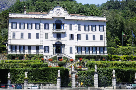 beautiful Villa and Garden viewed from Lake Como Italyのeditorial素材