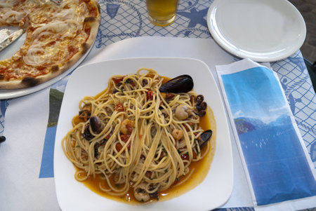 Seafood Spaghetti on Lake Garda Italyのeditorial素材