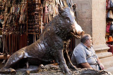 Bronze Boar Fountain in market in Florence Tuscany Italyのeditorial素材