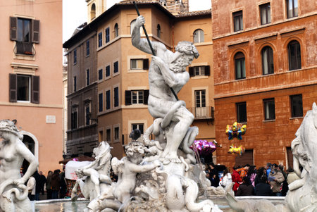 Statues on the Fountains in the Piazza Navona Rome Italyのeditorial素材