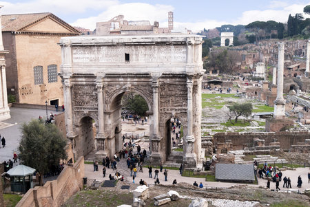 View over the Ancient Roman Forum in city of Rome Italyのeditorial素材