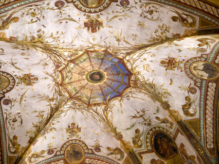 Colonnade with Painted ceiling in the Beautiful City of Bologna Italyのeditorial素材