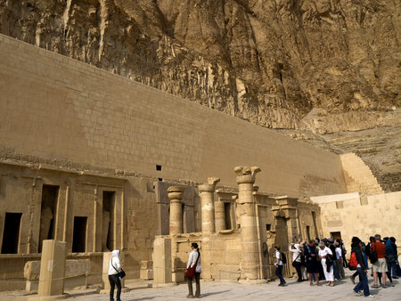 The Mortuary Temple of the female Pharaoh Hatshepsut in the Valley of the Nobles at Luxor in Egypt