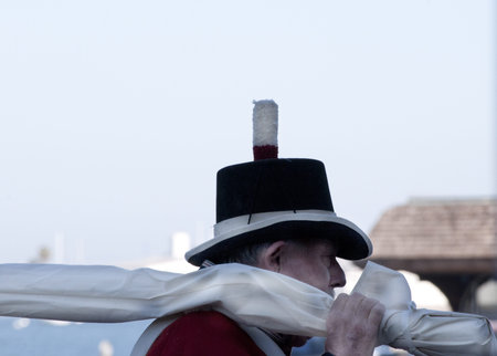 Re-enactor Marine on the Tall Sailing Ships in Harbour of San Diego California USA