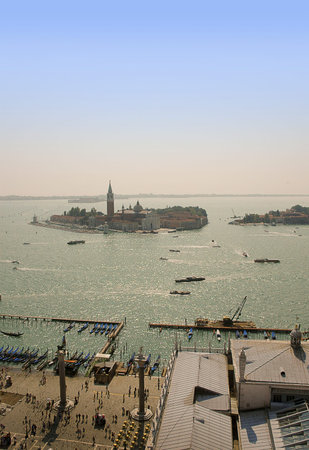 View over the Lagoon from the top of St Marks Campanile Italyの写真素材