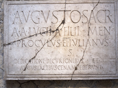 Plaque at Herculaneum celebrating Caesar Augustus in Italyのeditorial素材
