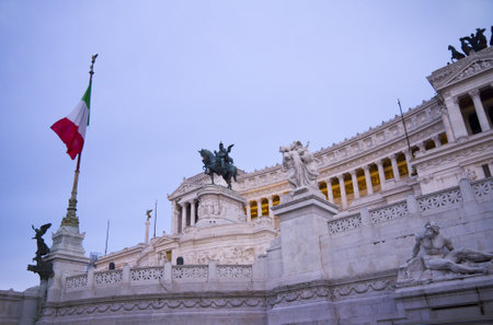 Monument to King Vittorio Emmanuele, the Vittoriale in Rome Italy at Eveningのeditorial素材
