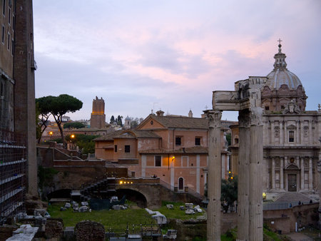 The Evening Falls over the Roman Forum Italyのeditorial素材