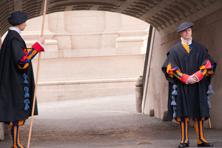 The Swiss Guards in the Vatican by St Peters Basilica Rome Italyのeditorial素材
