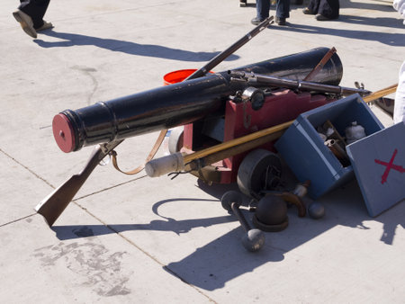 Cannons firing in mock sea battle with Tall Sailing Ships in Harbour of San Diego California USAのeditorial素材