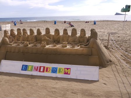 Shore line Sand Sculpture in Benidorm Costa Blanca Spain of the Last Supperのeditorial素材