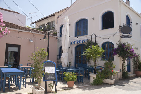 cafe in Assos on the island of Kephalonia Greeceのeditorial素材