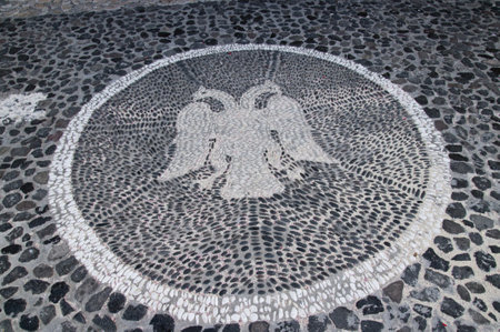 Pattern of Cobbles on the main street of Fira Santorini Greeceのeditorial素材