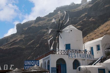 Windmll at the Fishing Village of Therasia on the island of Santorini Greeceのeditorial素材