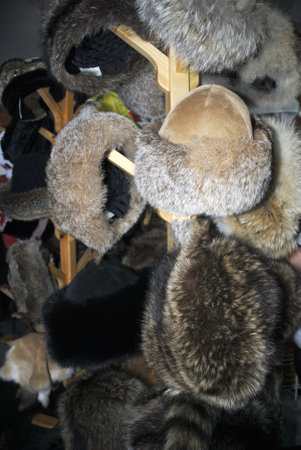 Fur Hats and Pelts at service station on way to Niagara Falls Canadaのeditorial素材