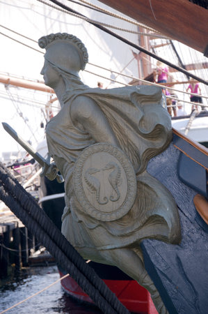 Ships figurehead on ship in tall Sailing Ship Display in San Diego California USAのeditorial素材