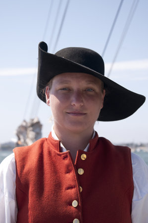 Re-enactor Gunner on the Tall Sailing Ships in Harbour of San Diego California USAのeditorial素材
