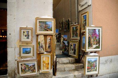art Exhibition in the Narrow Streets of Taormina Sicilyのeditorial素材
