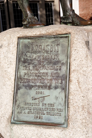 Statue of Massasoit the Wampanoag Chief who helped the first Pilgrims in Plymouth Mass, USAのeditorial素材