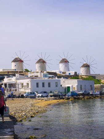 The Windmills on the beautiful Island of Mykonos in the Cyclades Islands Greeceのeditorial素材