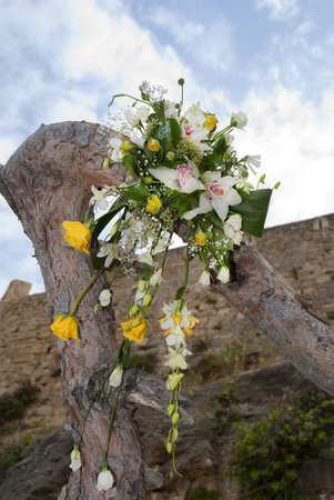 Wedding Bouquet left outside chapel in Rethymno Creteのeditorial素材