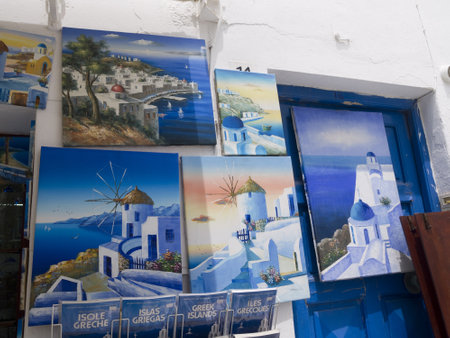 Paintings for sale in Chora the Main town on the island of Mykonos Greeceのeditorial素材