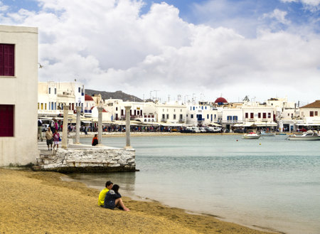 Beach at Chora Main Town of the island of Mykonos Greeceのeditorial素材