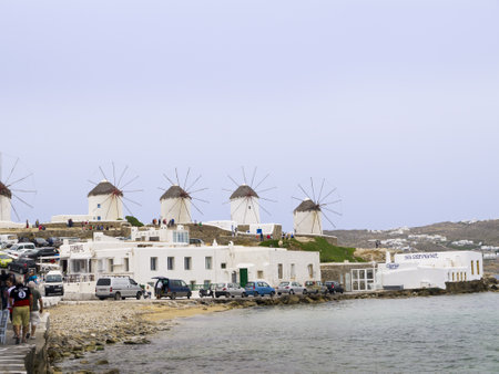 The Windmills on the beautiful Island of Mykonos in the Cyclades Islands Greeceのeditorial素材