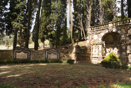The beautiful gardens of the Villa Gamberaia overlooking Florence at Settignano near Florence. This small garden open to the public has many of the typical features of Italian Gardens.のeditorial素材