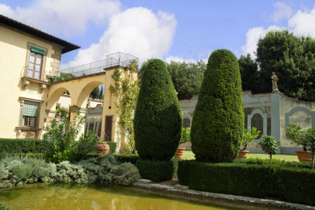 The beautiful gardens of the Villa Gamberaia overlooking Florence at Settignano near Florence. This small garden open to the public has many of the typical features of Italian Gardens.のeditorial素材