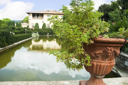 The beautiful gardens of the Villa Gamberaia overlooking Florence at Settignano near Florence. This small garden open to the public has many of the typical features of Italian Gardens.のeditorial素材