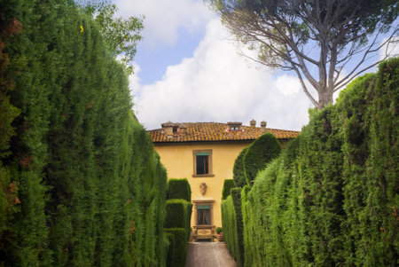 The beautiful gardens of the Villa Gamberaia overlooking Florence at Settignano near Florence. This small garden open to the public has many of the typical features of Italian Gardens.のeditorial素材