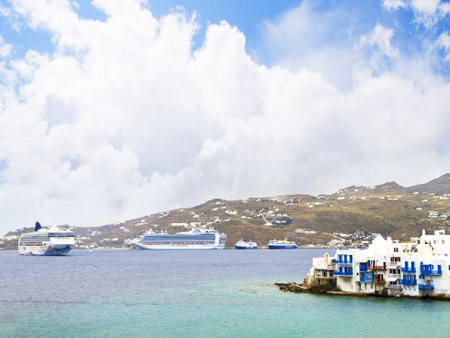 Little Venice in Chora the Main Town on the Island of Mykonos Greeceのeditorial素材
