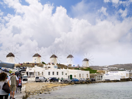 The Windmills on the beautiful Island of Mykonos in the Cyclades Islands Greeceのeditorial素材