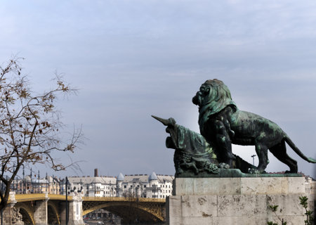 Lion Statue by th River Danube in Budapest Hungaryのeditorial素材