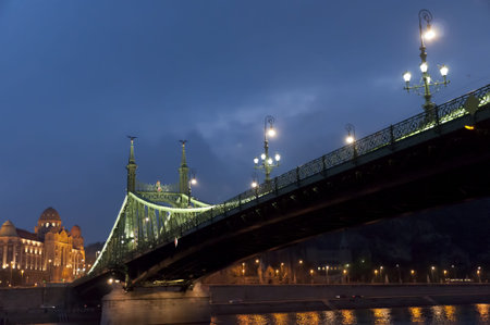 Bridge over the River Danube by night in Budapest Hungaryのeditorial素材