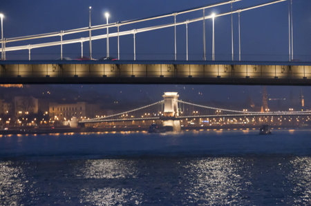 The Chain Bridge and the River Danube by night in Budapest Hungaryのeditorial素材