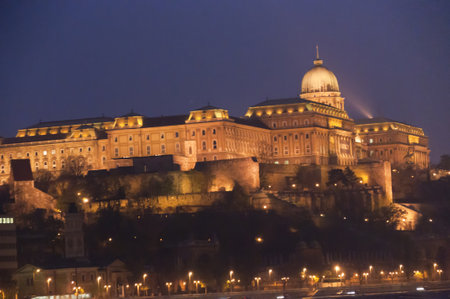 the River Danube by night in Budapest Hungaryのeditorial素材