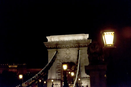 The Chain Bridge and the River Danube by night in Budapest Hungaryのeditorial素材