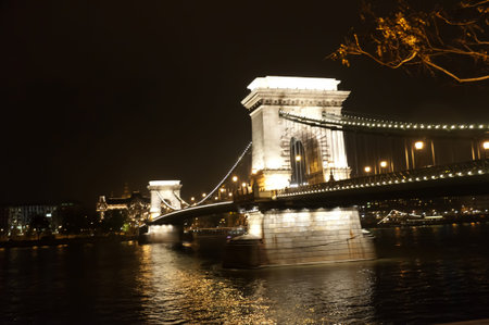 The Chain Bridge and the River Danube by night in Budapest Hungaryのeditorial素材