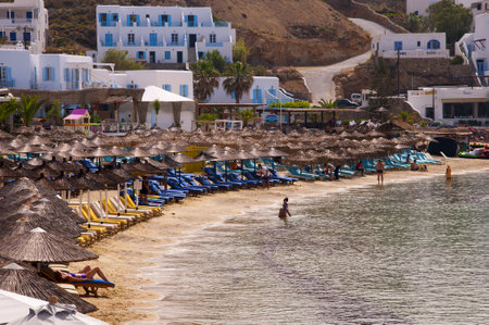Beach at Platys Gialos on the island of Mykonos Greeceのeditorial素材