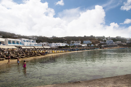 Beach at Platys Gialos on the island of Mykonos Greeceのeditorial素材