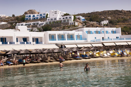 Beach at Platys Gialos on the island of Mykonos Greeceのeditorial素材