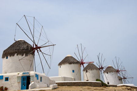 The Windmills on the beautiful Island of Mykonos in the Cyclades Islands Greeceのeditorial素材