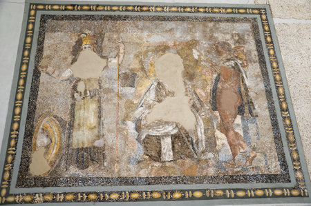Mosaic on the Temple Island of Delos in the Cyclades Islands Greeceのeditorial素材